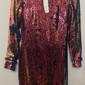 Naeem Khan Two Tone Orange and Blue Sequin Embellished Long Sleeve Dress  NK23
